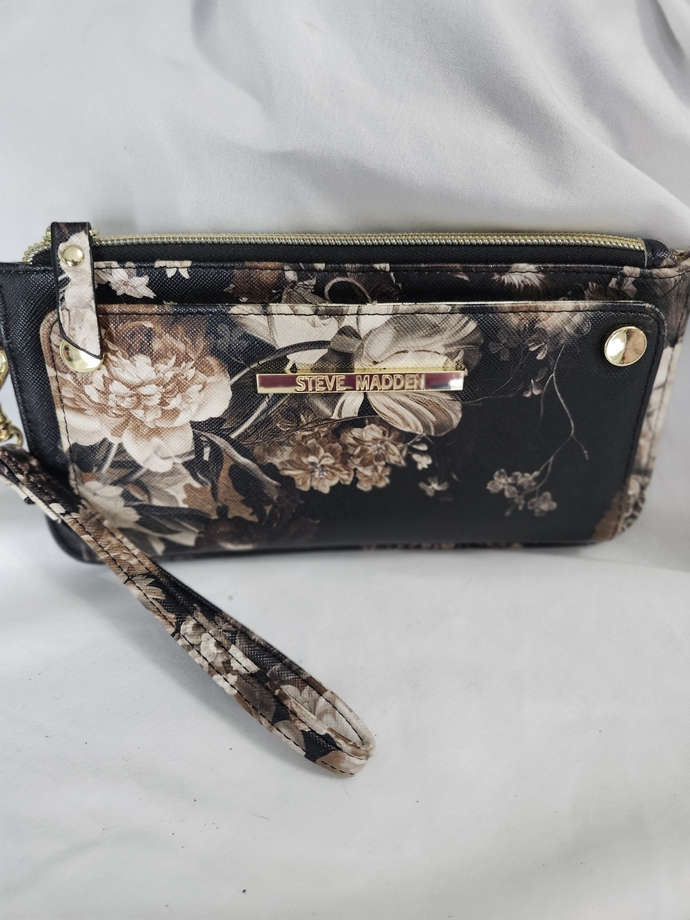 Steve Madden Black Floral Wristlet with Gold Accent